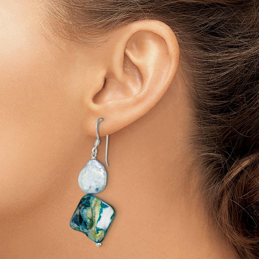 Sterling Silver Polished Blue Mop & White Fwc Pearl Dangle Earrings