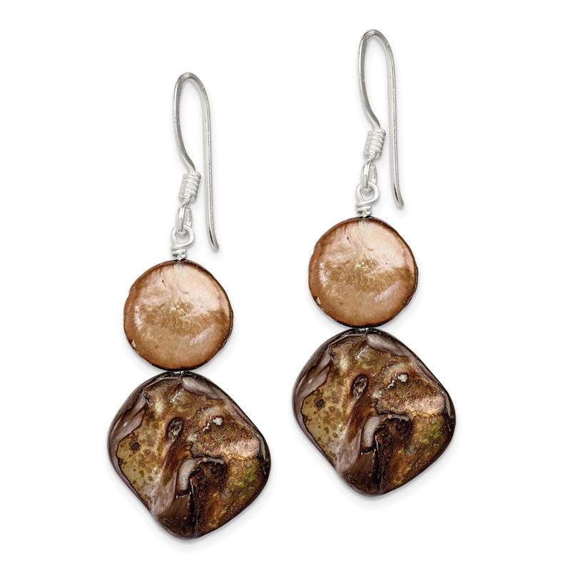 Sterling Silver Polished Brown Mother Of Pearl/Fwc Pearl Dangle Earrings