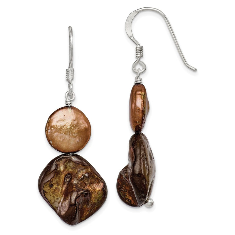Sterling Silver Polished Brown Mother Of Pearl/Fwc Pearl Dangle Earrings