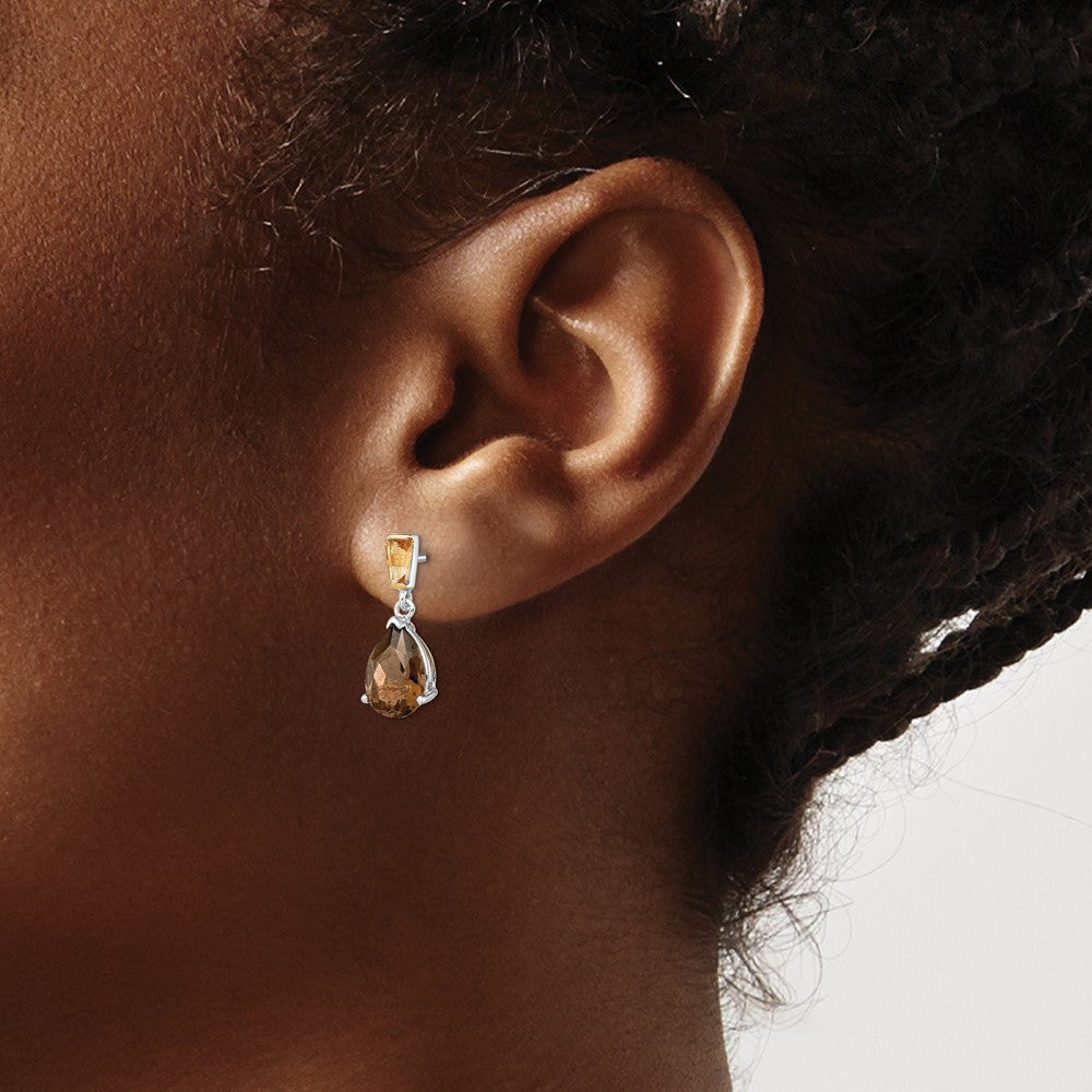 Sterling Silver Brilliant Gemstones With 14K Accent Rhodium-Plated Smoky Quartz And Citrine Earrings