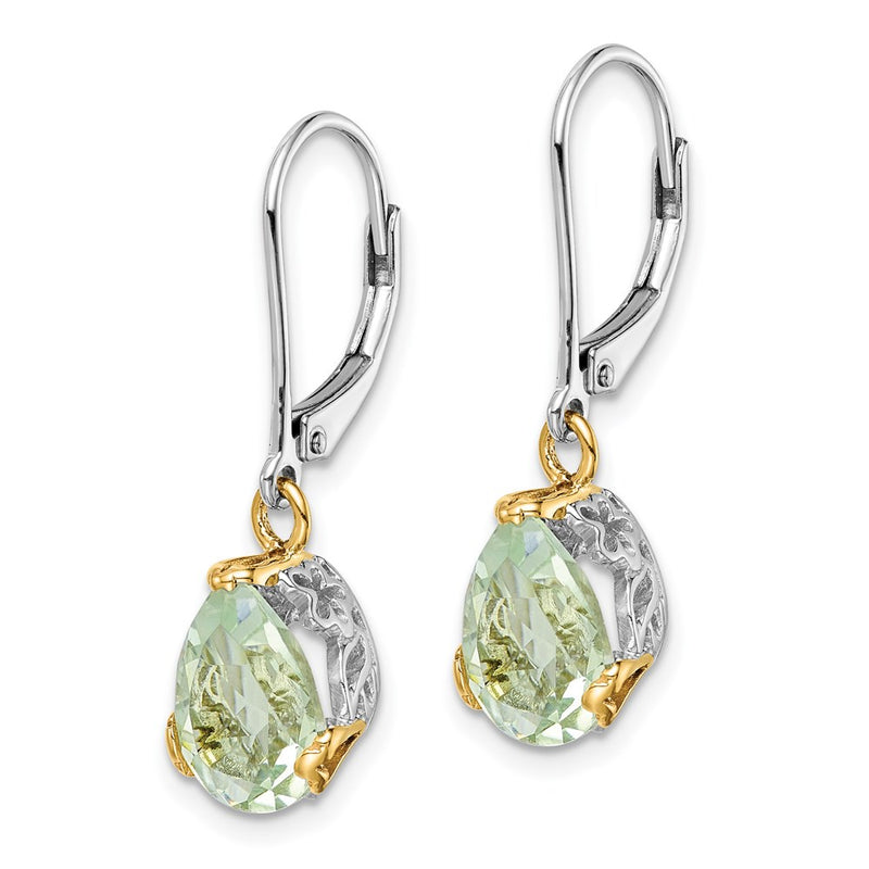 Sterling Silver Brilliant Gemstones With 14K Accent Rhodium-Plated Green Quartz Leverback Earrings