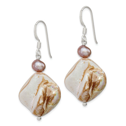 Sterling Silver Polished Brown Mother Of Pearl And Freshwater Cultured Dangle Earrings