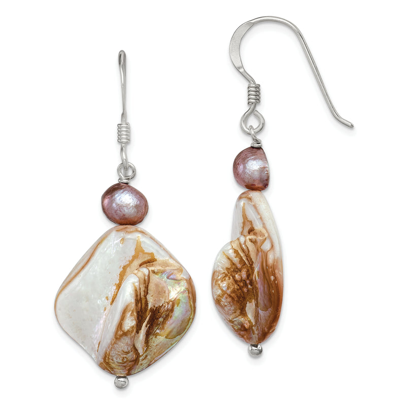 Sterling Silver Polished Brown Mother Of Pearl And Freshwater Cultured Dangle Earrings