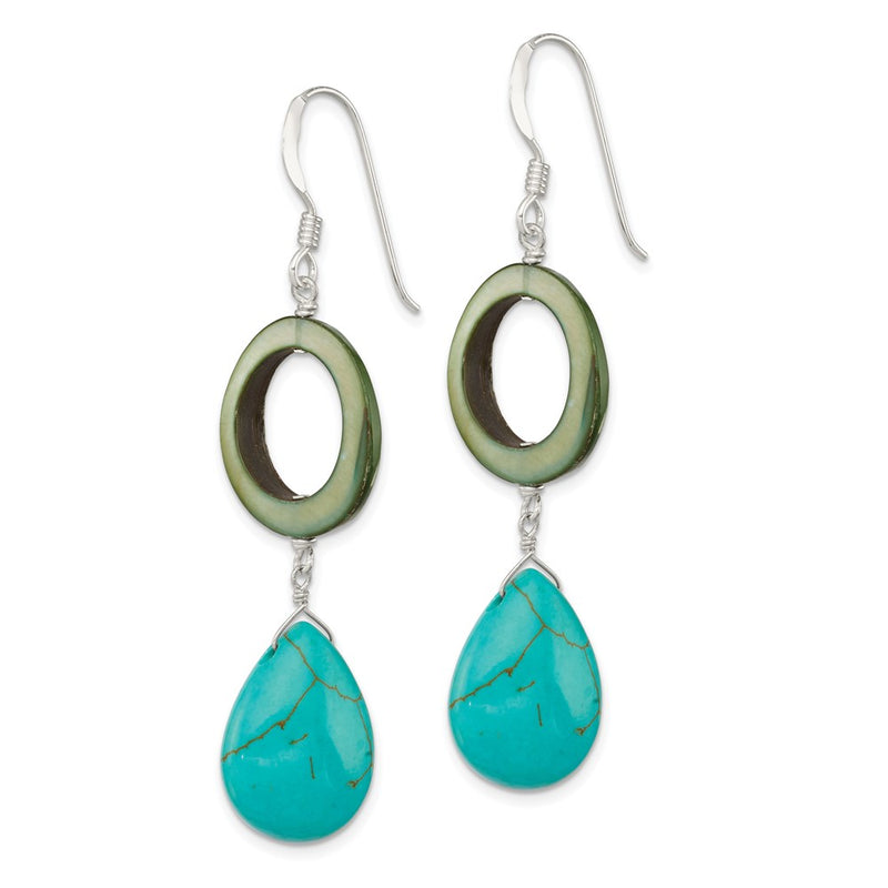 Sterling Silver Dyed Blue Howlite & Green Mother Of Pearl Dangle Earrings