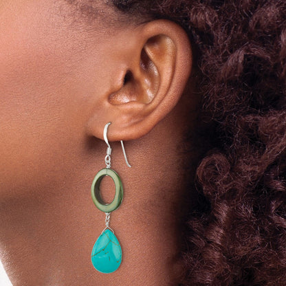 Sterling Silver Dyed Blue Howlite & Green Mother Of Pearl Dangle Earrings