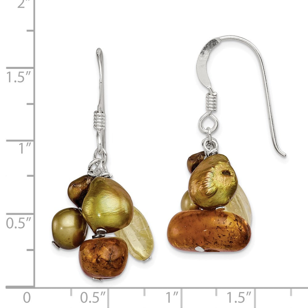 Sterling Silver Polished Amber, Citrine & Fw Cultured Pearl Dangle Earrings