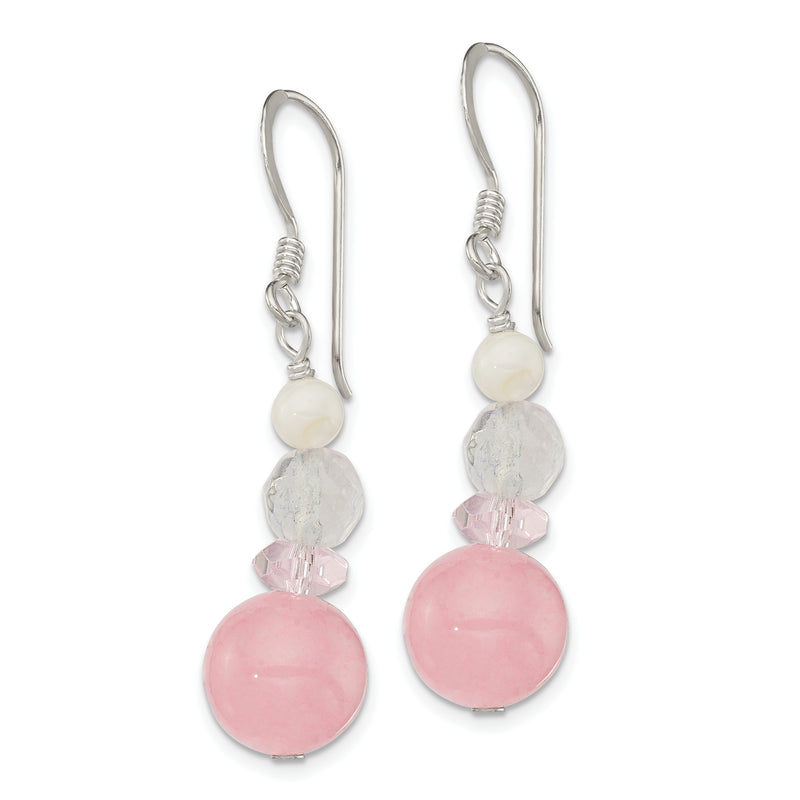 Sterling Silver Polished Pink Crystal, Jade & Mother Of Pearl Dangle Earrin