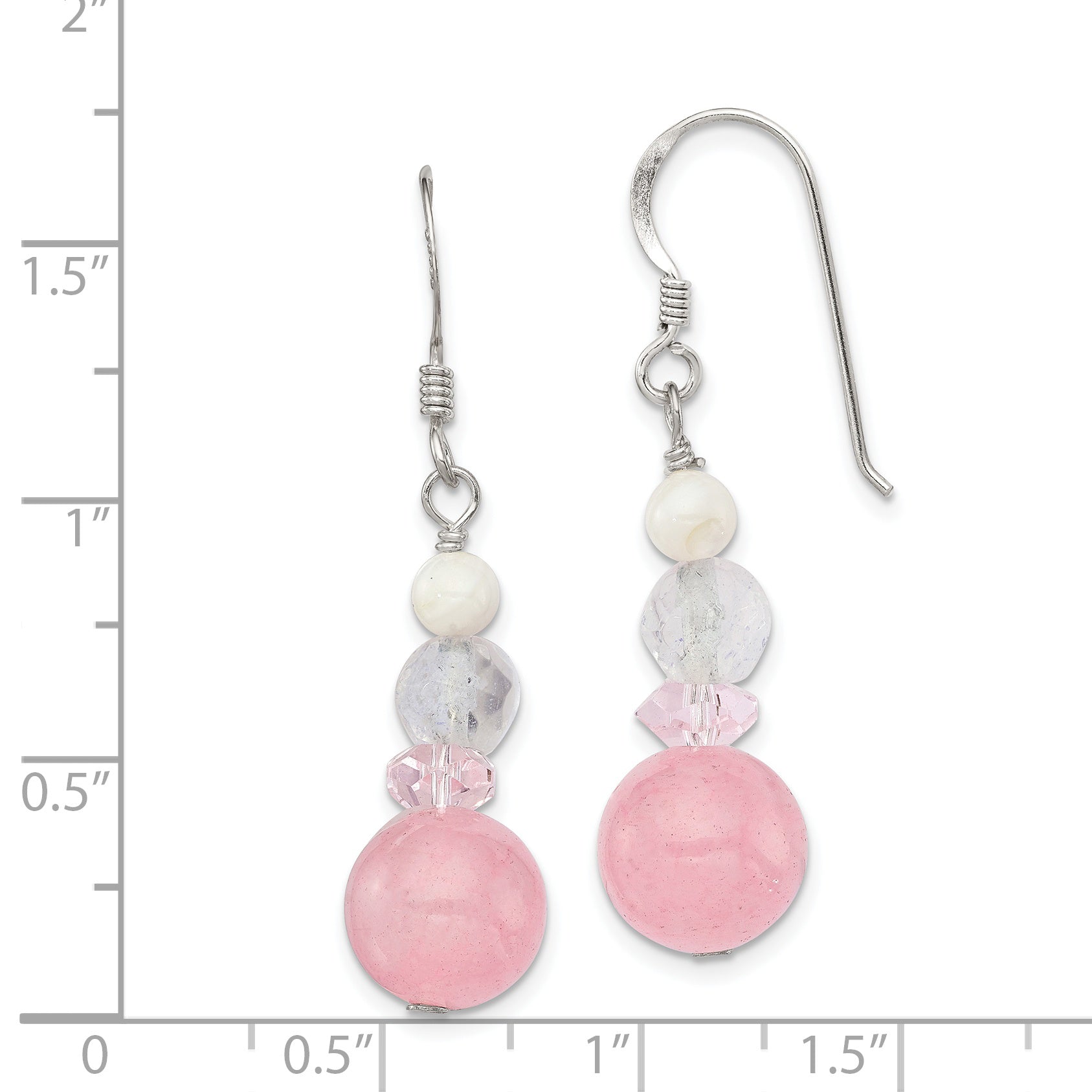 Sterling Silver Polished Pink Crystal, Jade & Mother Of Pearl Dangle Earrin