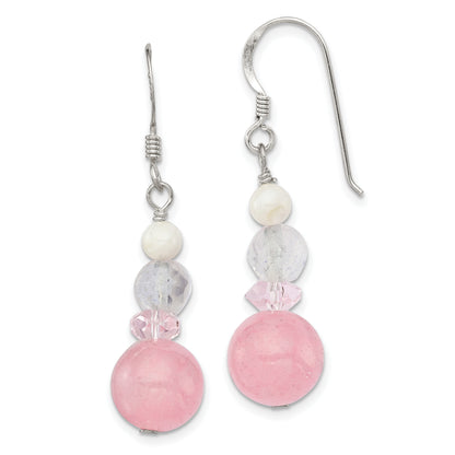 Sterling Silver Polished Pink Crystal, Jade & Mother Of Pearl Dangle Earrin