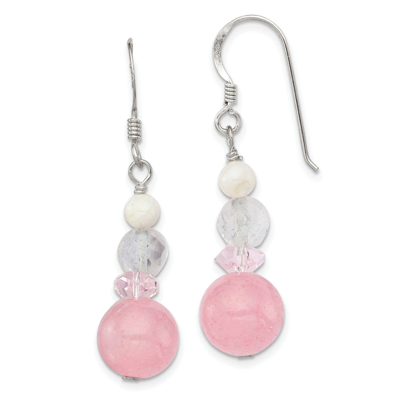 Sterling Silver Polished Pink Crystal, Jade & Mother Of Pearl Dangle Earrin
