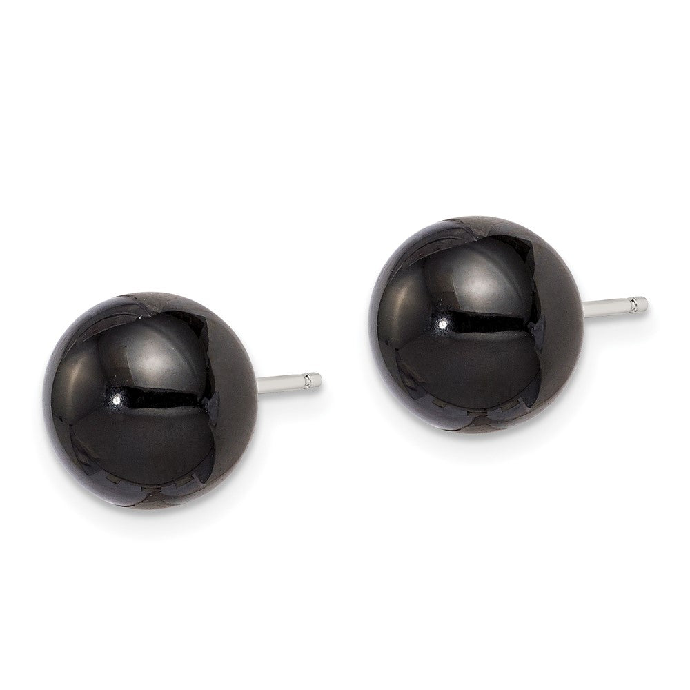 Sterling Silver Rhod-Pltd 10-10.5mm Black Agate Button Post Earrings