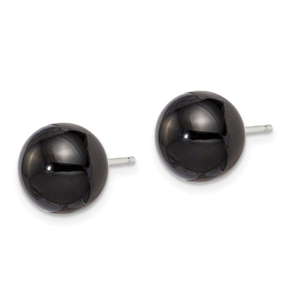 Sterling Silver Rhod-Pltd 10-10.5mm Black Agate Button Post Earrings