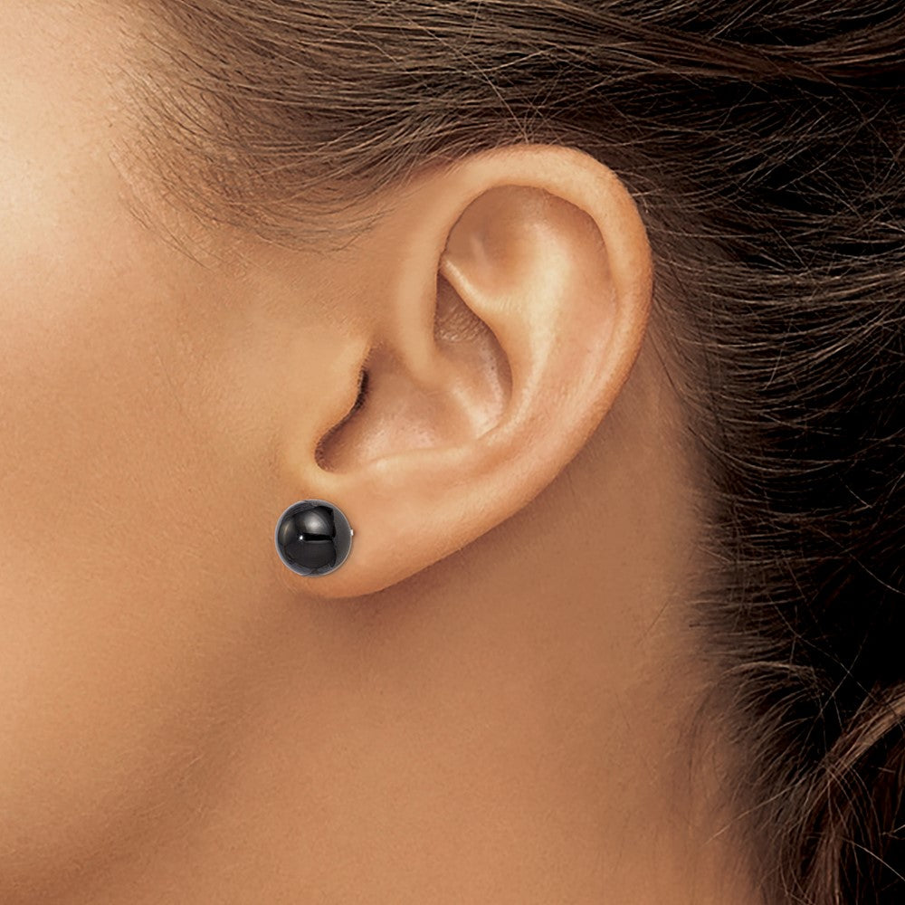 Sterling Silver Rhod-Pltd 10-10.5mm Black Agate Button Post Earrings