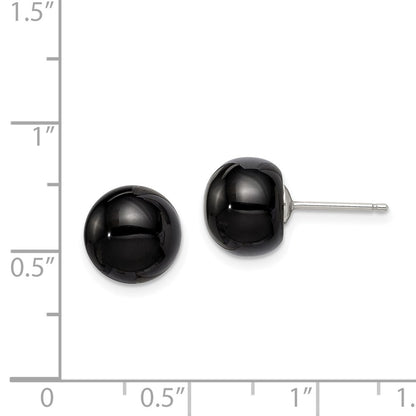 Sterling Silver Rhod-Pltd 10-10.5mm Black Agate Button Post Earrings