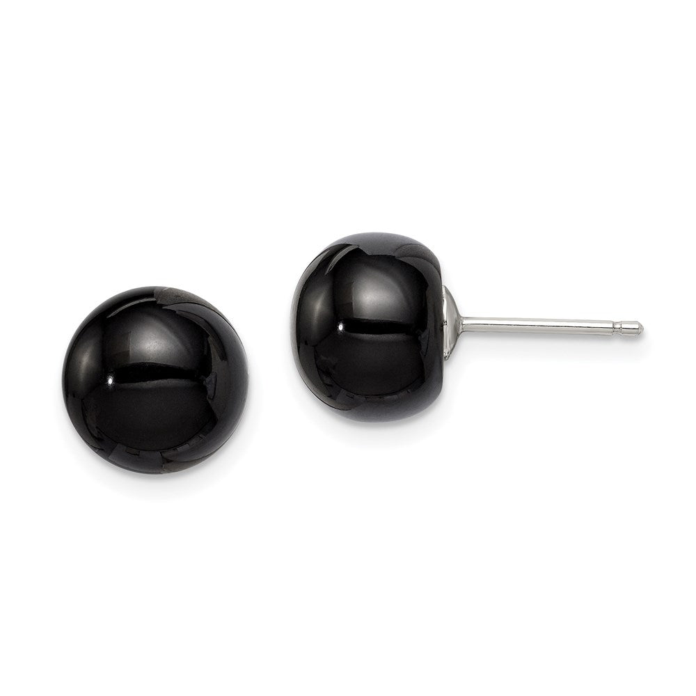 Sterling Silver Rhod-Pltd 10-10.5mm Black Agate Button Post Earrings