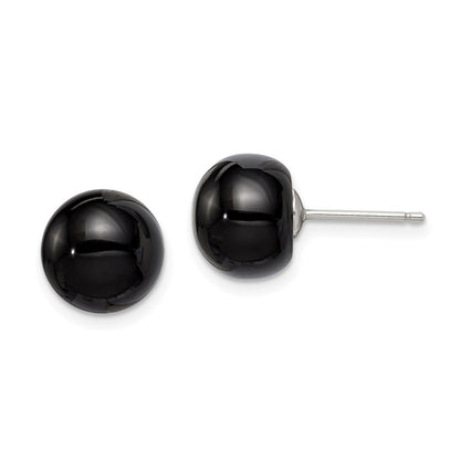 Sterling Silver Rhod-Pltd 10-10.5mm Black Agate Button Post Earrings