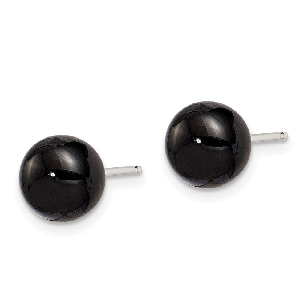 Sterling Silver Rhod-Pltd 8-8.5mm Black Agate Button Post Earrings