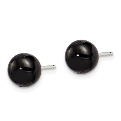 Sterling Silver Rhod-Pltd 8-8.5mm Black Agate Button Post Earrings