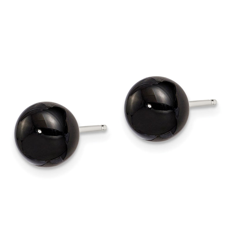 Sterling Silver Rhod-Pltd 8-8.5mm Black Agate Button Post Earrings