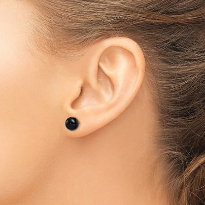 Sterling Silver Rhod-Pltd 8-8.5mm Black Agate Button Post Earrings