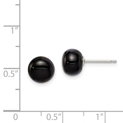 Sterling Silver Rhod-Pltd 8-8.5mm Black Agate Button Post Earrings