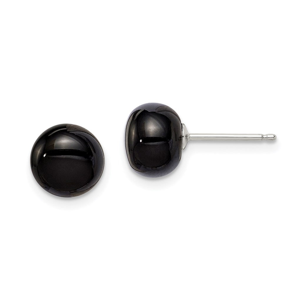 Sterling Silver Rhod-Pltd 8-8.5mm Black Agate Button Post Earrings