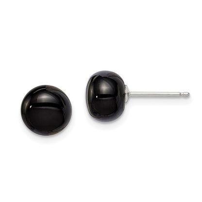 Sterling Silver Rhod-Pltd 8-8.5mm Black Agate Button Post Earrings