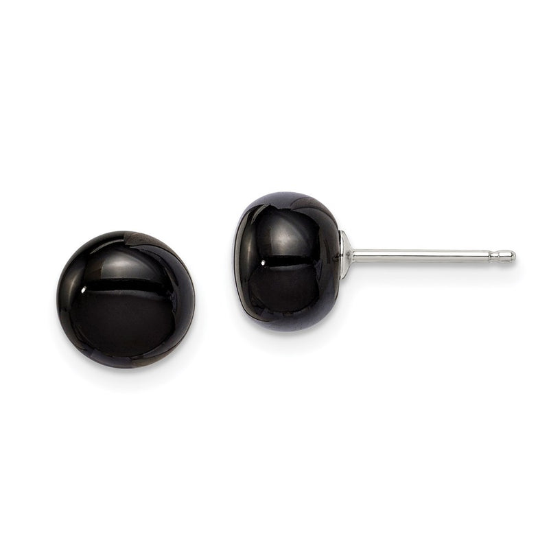 Sterling Silver Rhod-Pltd 8-8.5mm Black Agate Button Post Earrings