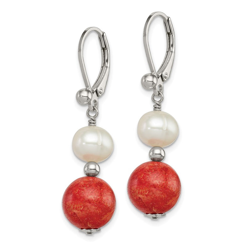 Sterling Silver Rhod-Pltd Fwc Pearl/Recons. Red Coral Dangle Earrings