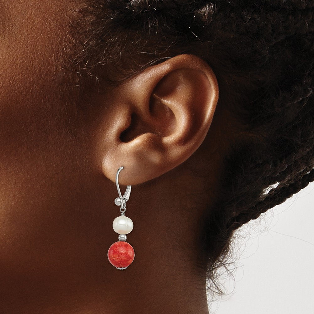 Sterling Silver Rhod-Pltd Fwc Pearl/Recons. Red Coral Dangle Earrings
