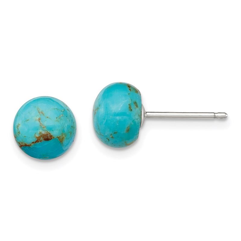 Sterling Silver Rhod-Pltd 8-8.5mm Button Turquoise Post Earrings