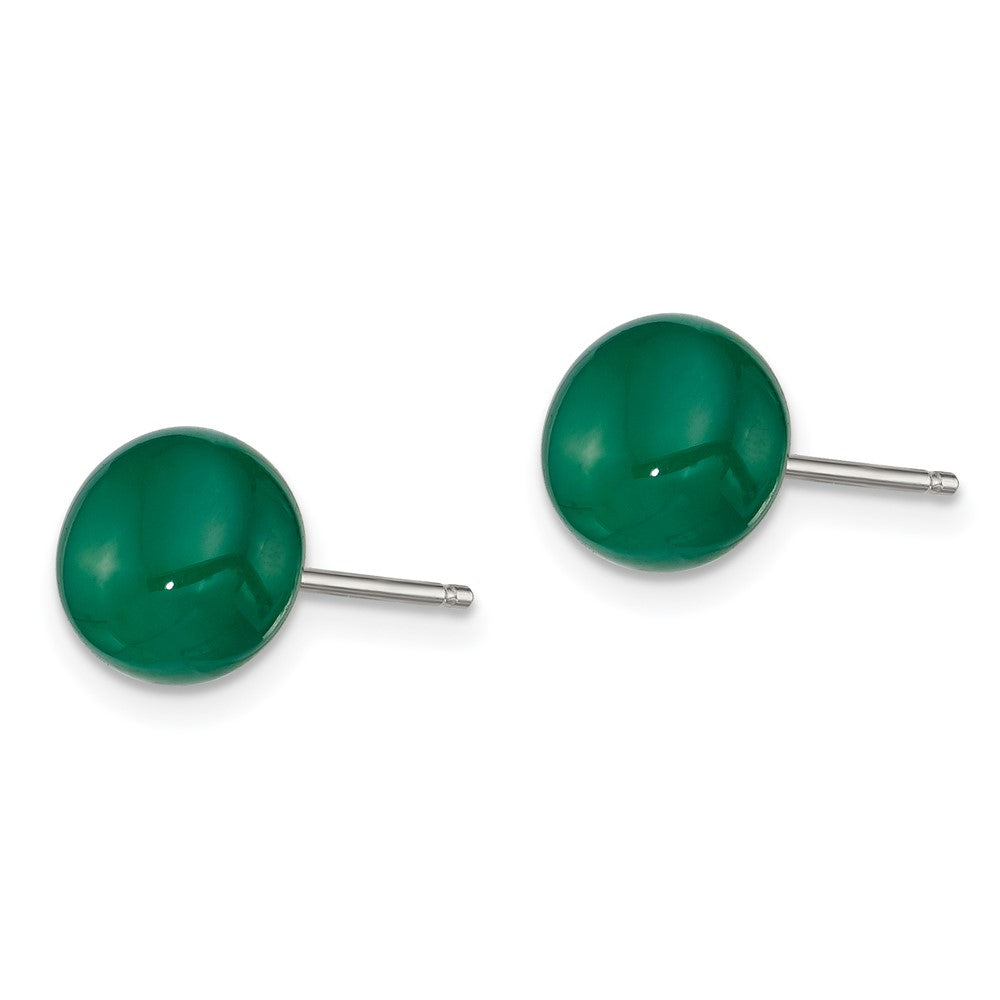 Sterling Silver Rhod-Pltd 8-9mm Dark Green Agate Button Post Earrings