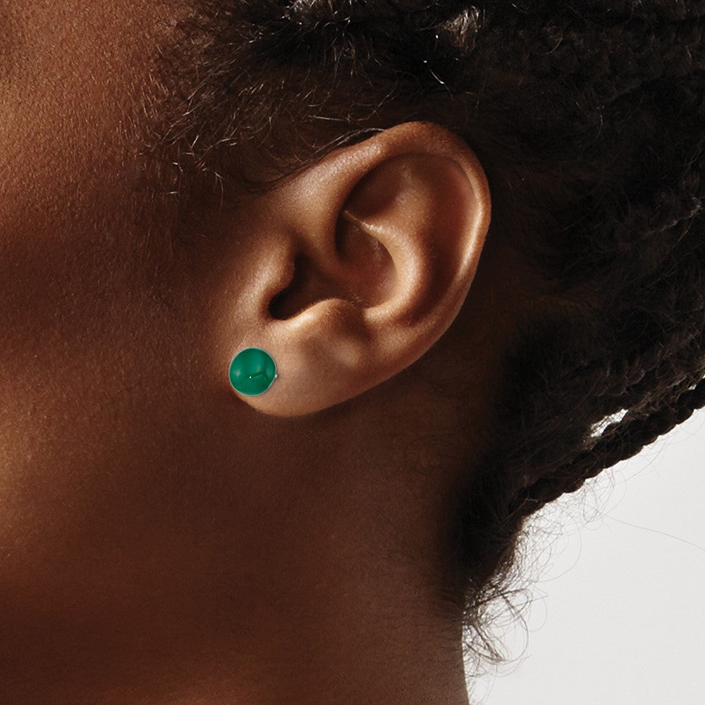 Sterling Silver Rhod-Pltd 8-9mm Dark Green Agate Button Post Earrings
