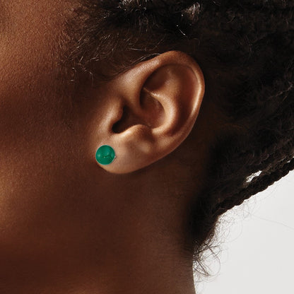 Sterling Silver Rhod-Pltd 8-9mm Dark Green Agate Button Post Earrings
