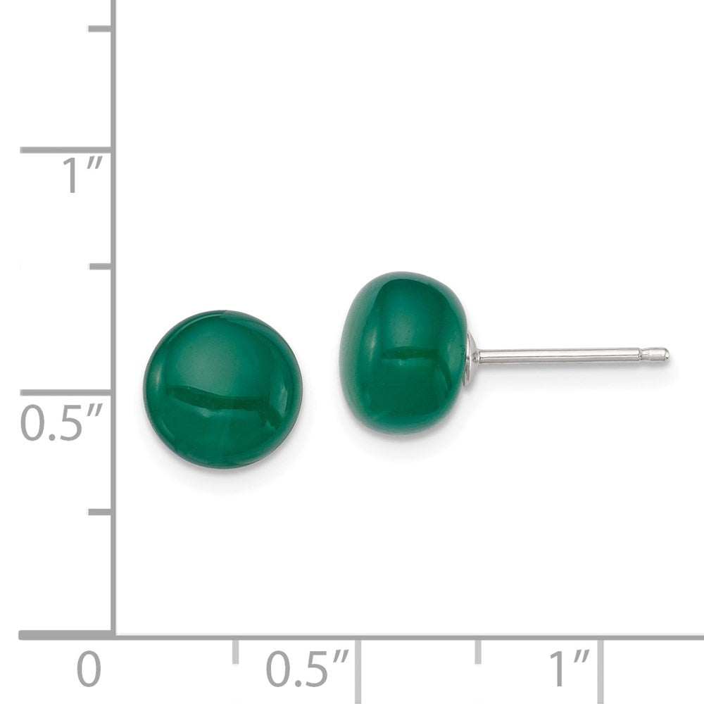 Sterling Silver Rhod-Pltd 8-9mm Dark Green Agate Button Post Earrings