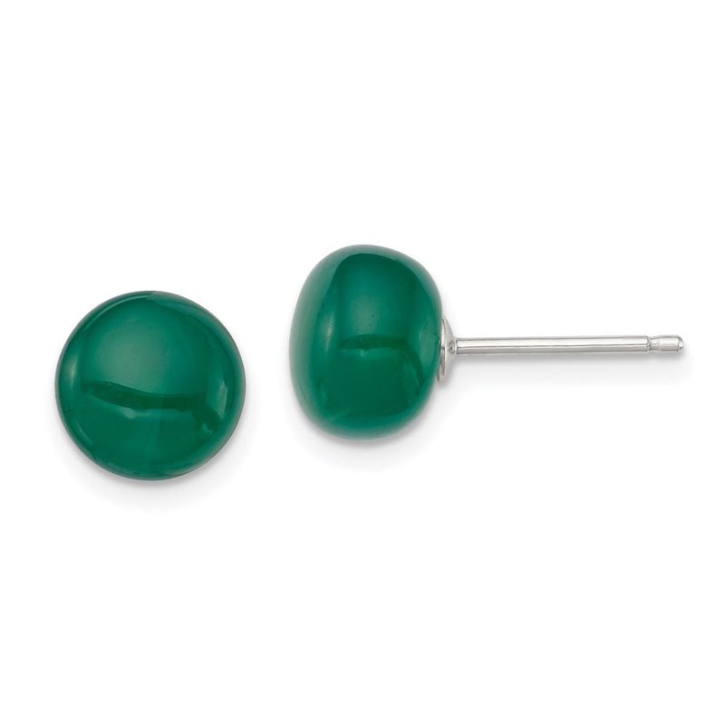 Sterling Silver Rhod-Pltd 8-9mm Dark Green Agate Button Post Earrings