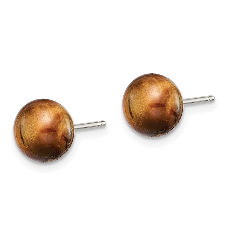 Sterling Silver Rhod-Pltd 8-8.5mm Tiger'S Eye Button Post Earrings