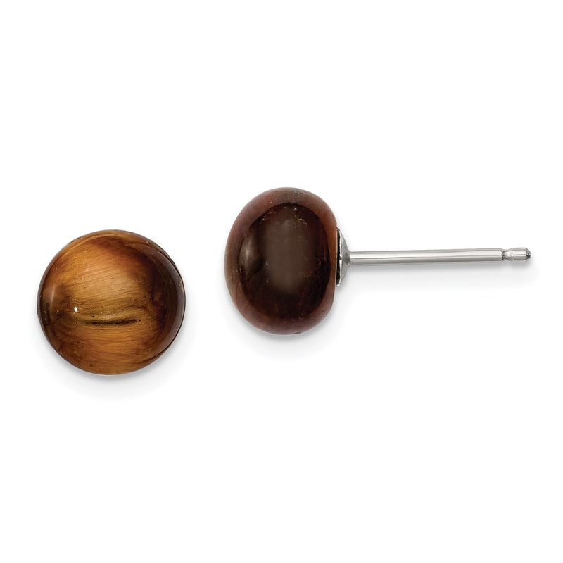 Sterling Silver Rhod-Pltd 8-8.5mm Tiger'S Eye Button Post Earrings
