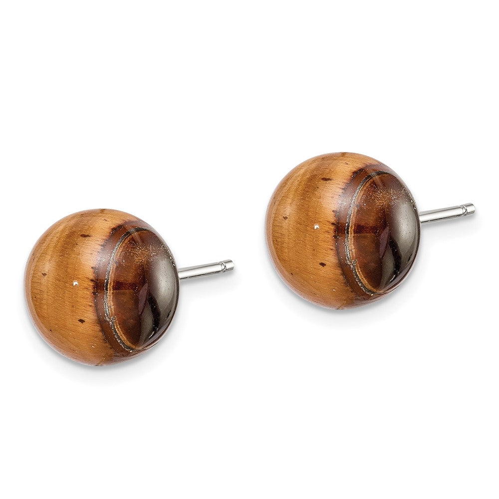 Sterling Silver Rhod-Pltd 10mm Tiger'S Eye Button Post Earrings