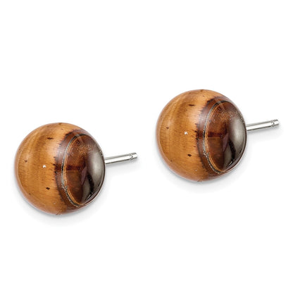 Sterling Silver Rhod-Pltd 10mm Tiger'S Eye Button Post Earrings
