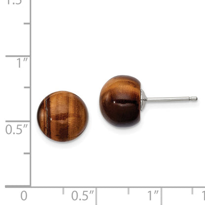 Sterling Silver Rhod-Pltd 10mm Tiger'S Eye Button Post Earrings