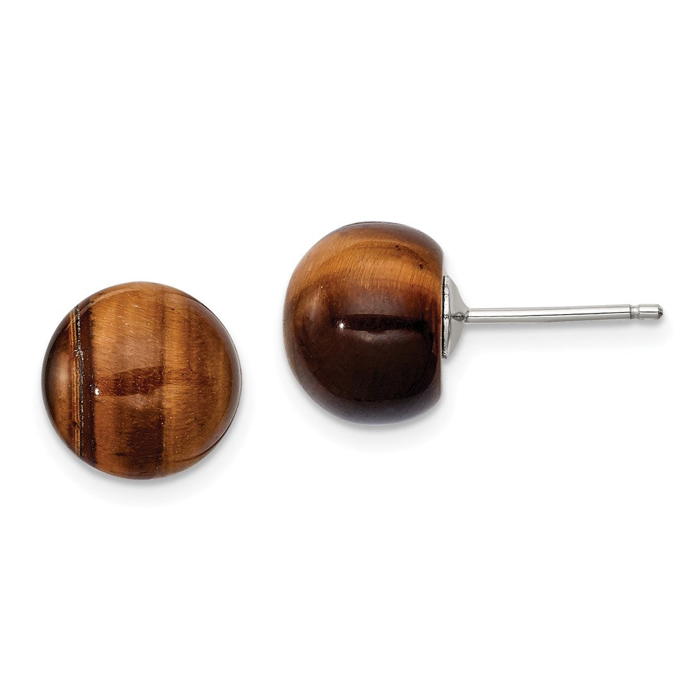 Sterling Silver Rhod-Pltd 10mm Tiger'S Eye Button Post Earrings