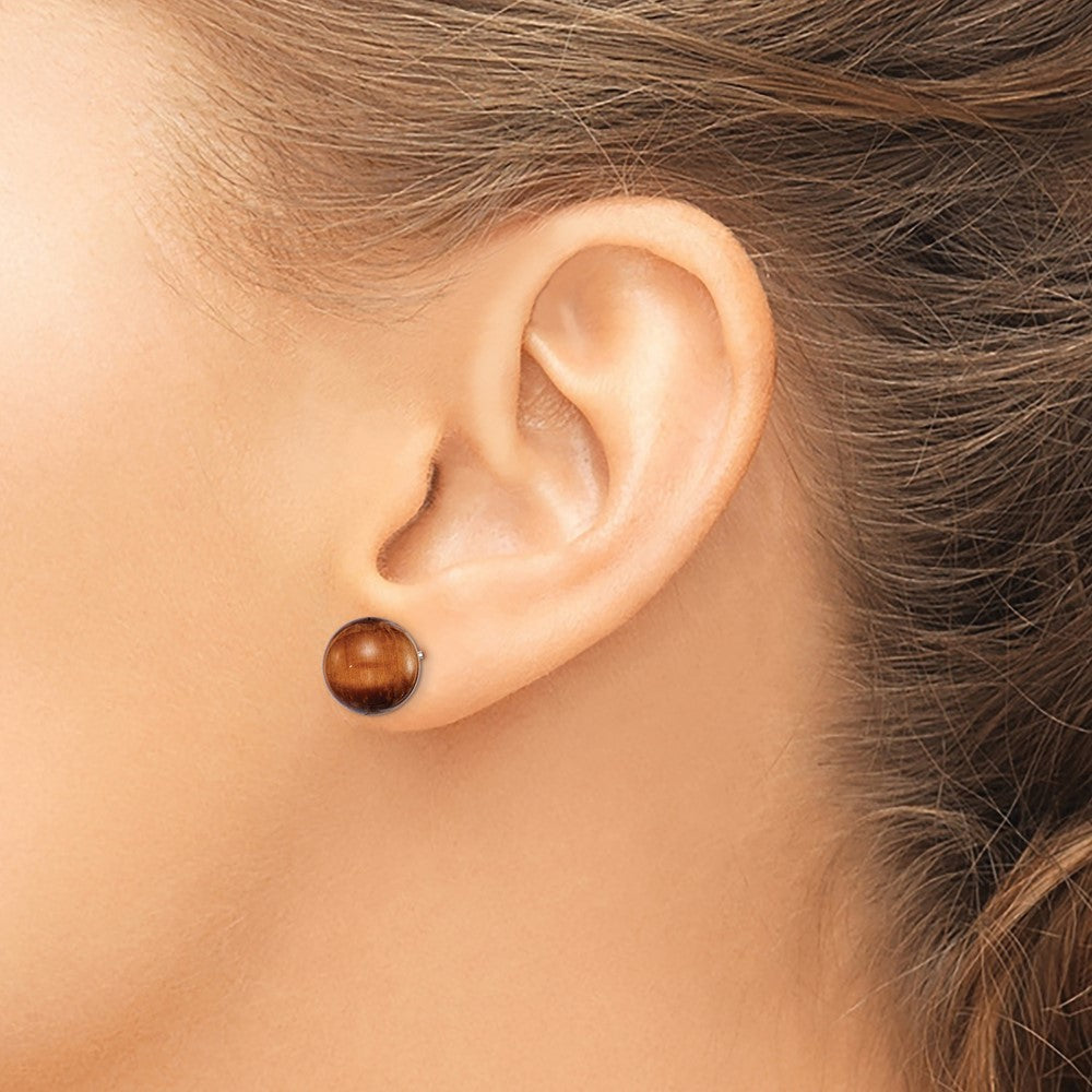 Sterling Silver Rhod-Pltd 10mm Tiger'S Eye Round Post Earrings