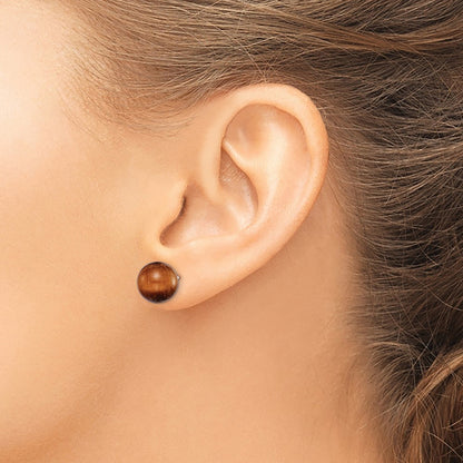 Sterling Silver Rhod-Pltd 10mm Tiger'S Eye Round Post Earrings