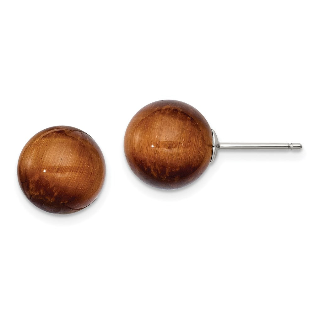 Sterling Silver Rhod-Pltd 10mm Tiger'S Eye Round Post Earrings
