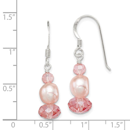 Sterling Silver Polished Peach Crystal & Pink Fwc Pearl Dangle Earrings