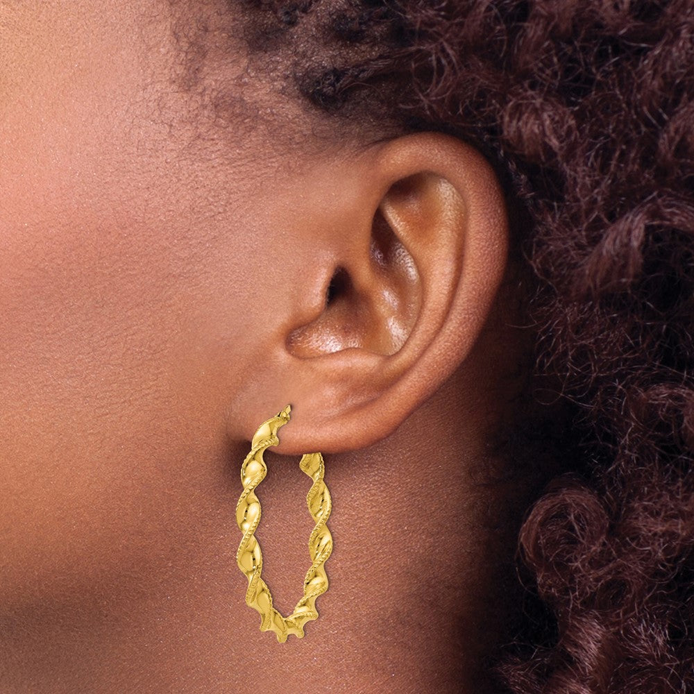 Sterling Silver Gold Flash Plated Patterned Twisted 4X35mm Hoop Earrings