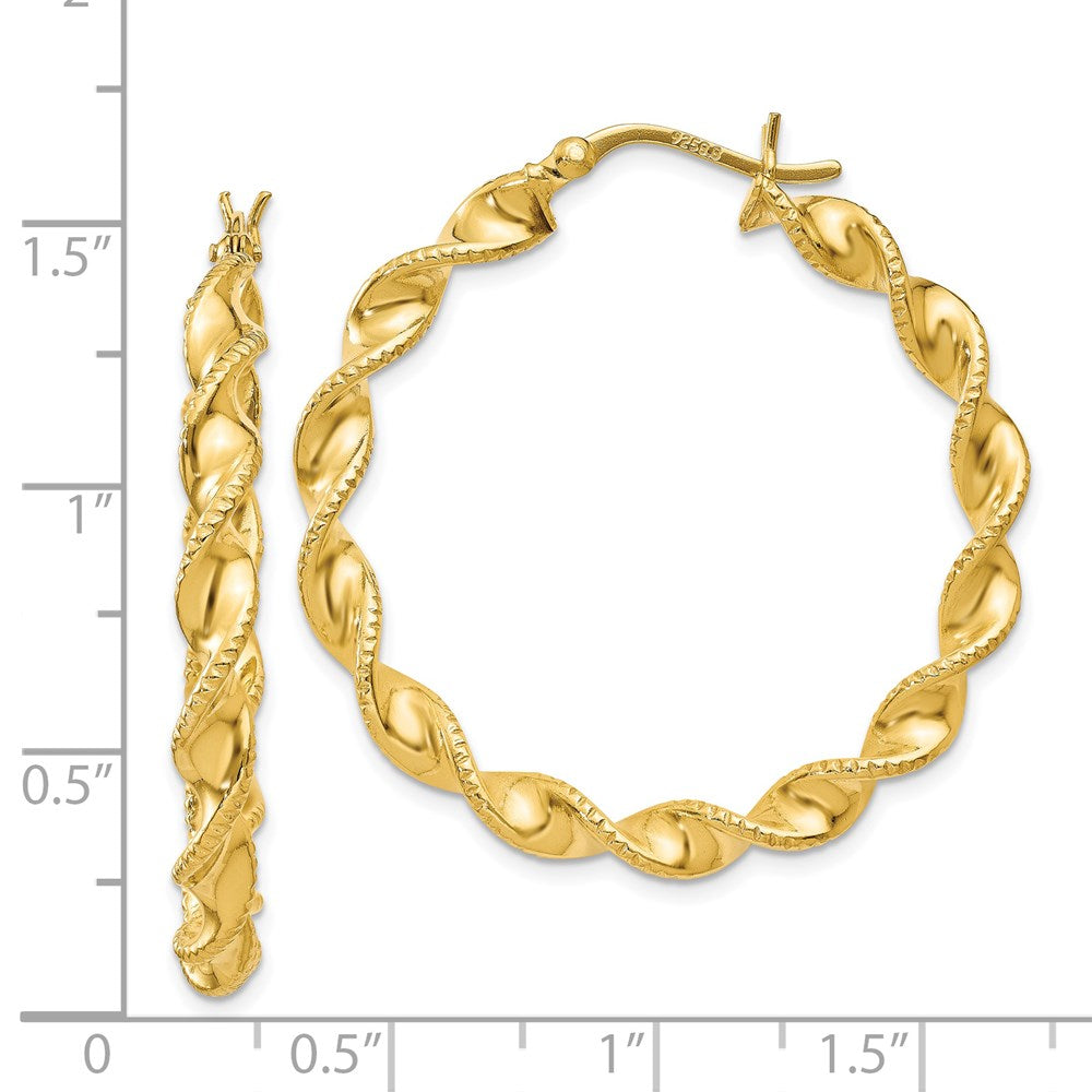 Sterling Silver Gold Flash Plated Patterned Twisted 4X35mm Hoop Earrings