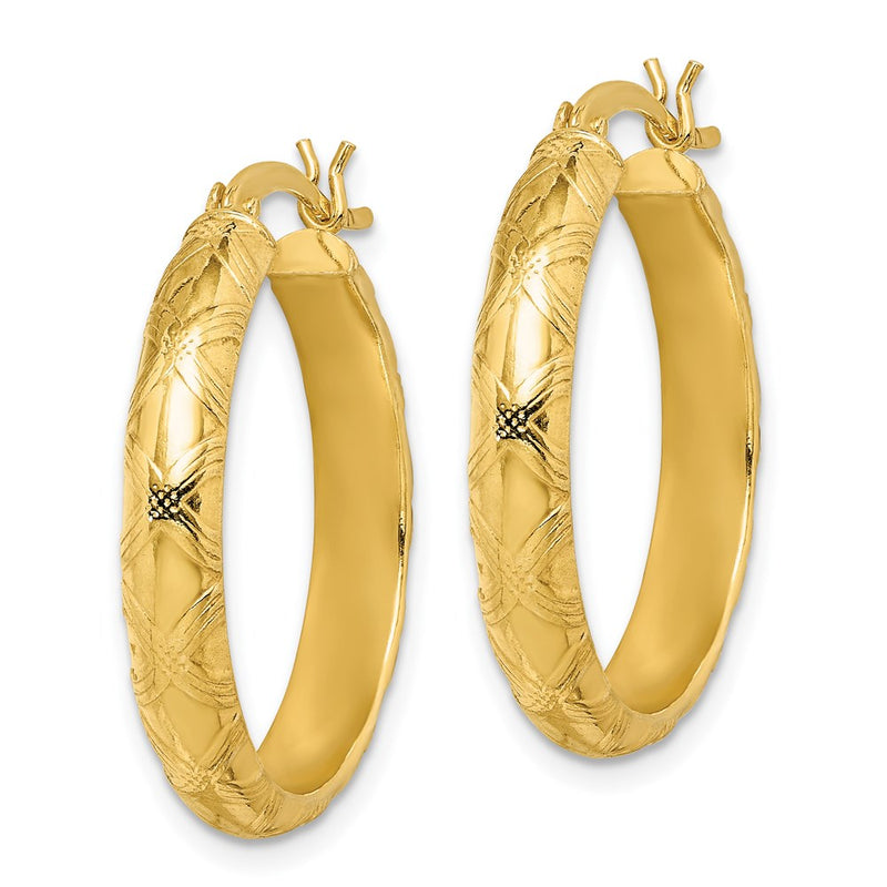 Sterling Silver Gold Flash Plated Patterned 4X25mm Hoop Earrings