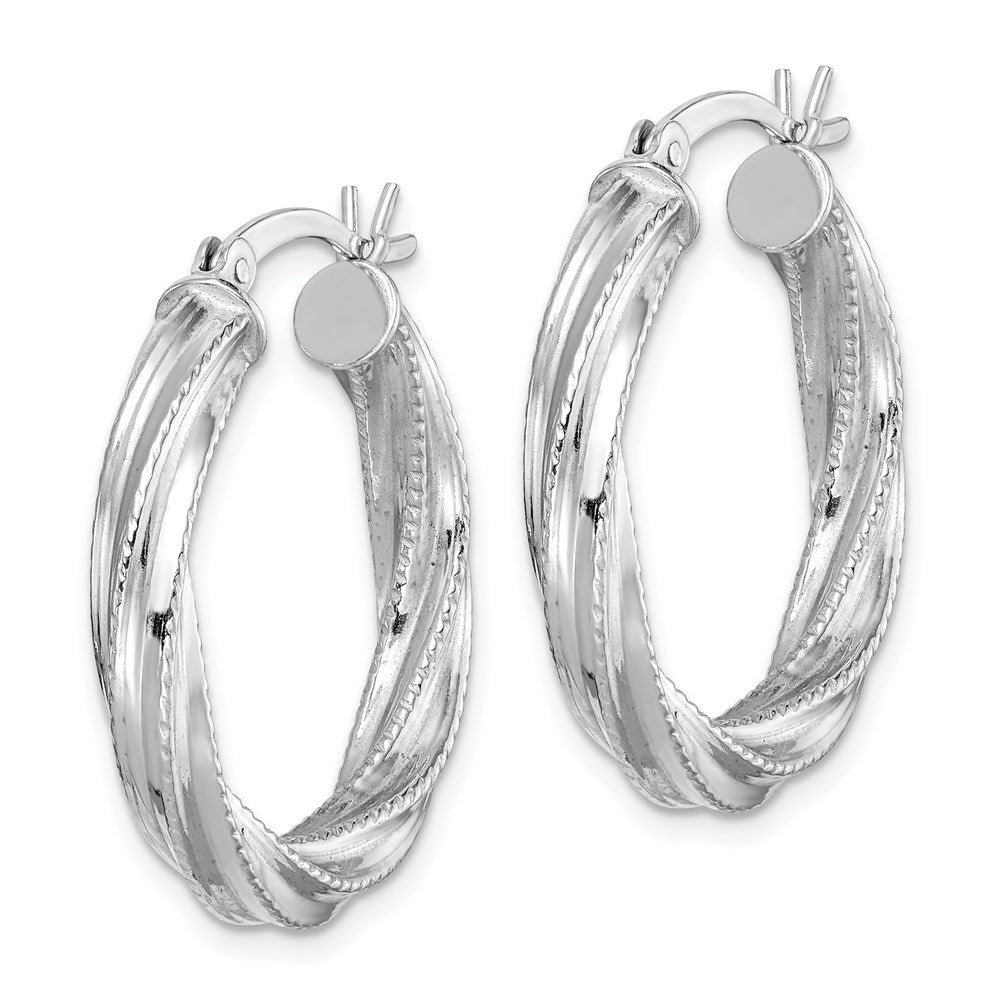 Sterling Silver Rhod-Plated Patterned Twisted 4X25mm Hoop Earrings